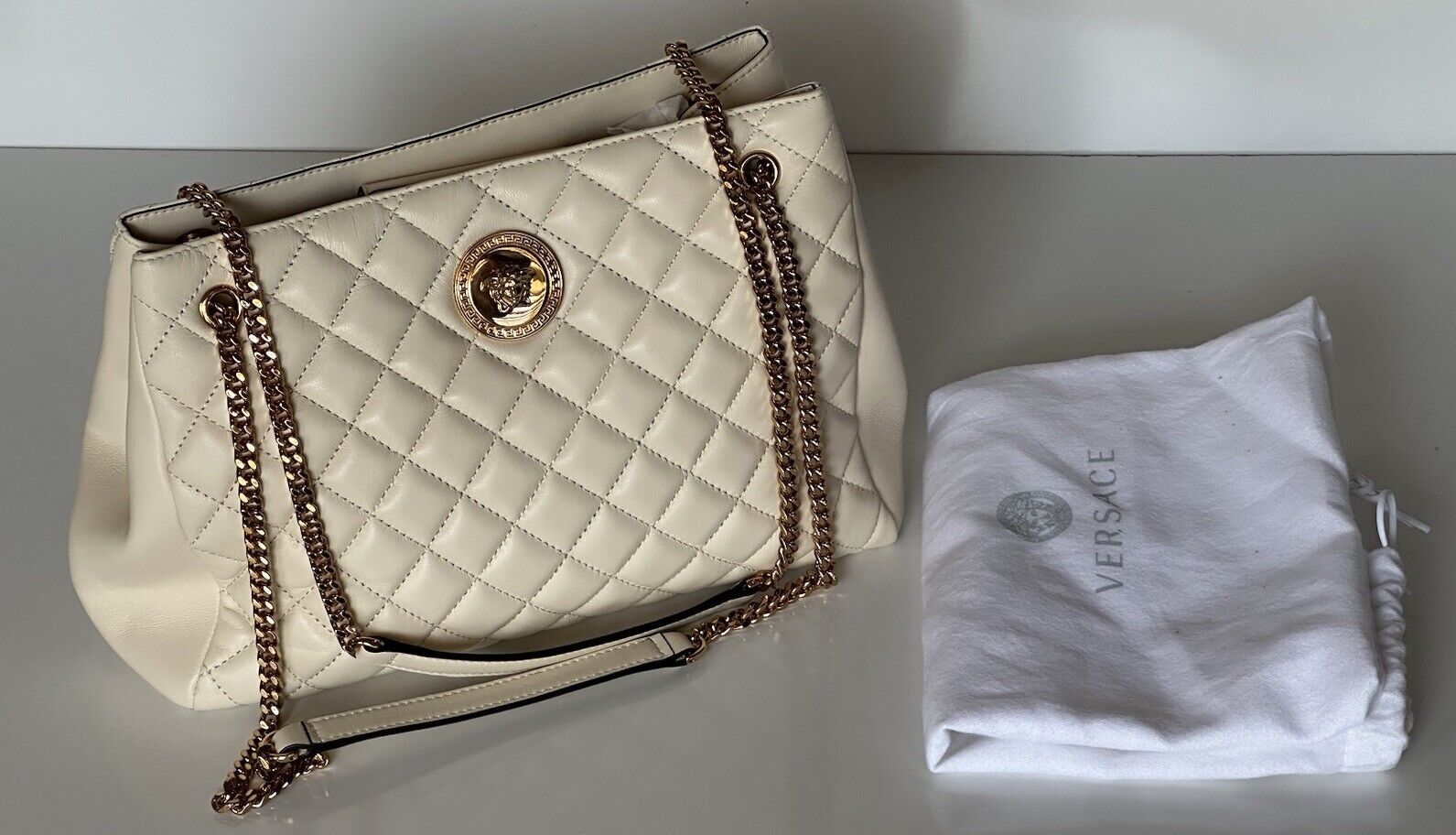 NWT $2100 Versace Evening Quilted Lamb Leather Med Cream Shoulder Bag 1006176 IT