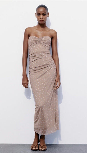 ZARA STRAPLESS PRINTED BEIGE TULLE MIDI DRESS NWT Size M – BAYSUPERSTORE