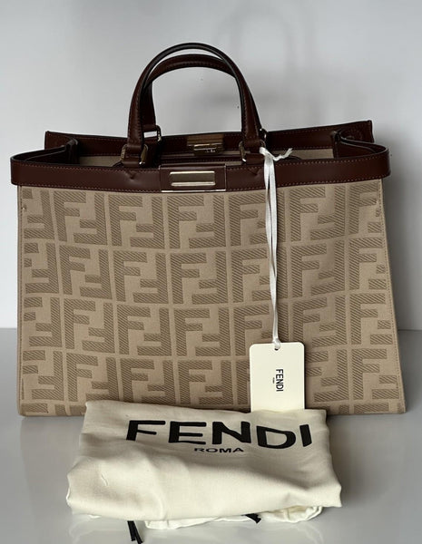 Fendi FF Logo Peekaboo X-Lite Medium Canvas Beige Tote Bag 8BH374