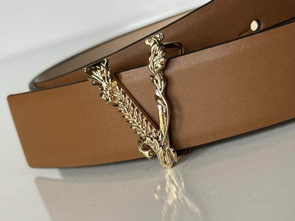 Versace Virtus Summer Nude/Tan Calf Leather Belt with Gold V Buckle NWT DUST BAG Versace Virtus Nude Calf Leather Belt 100 (40) Italy 1012380  main image 2