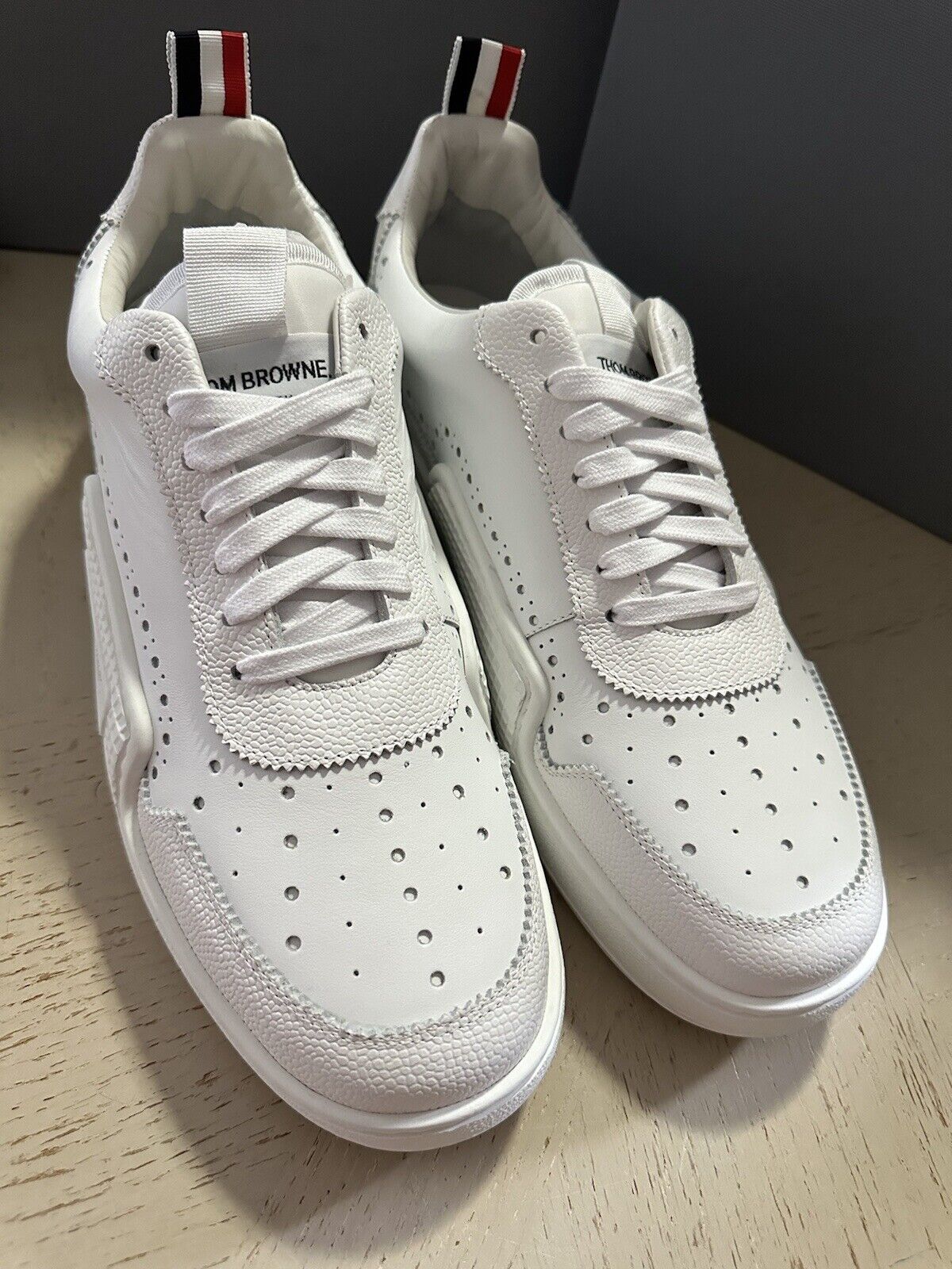 NIB Thom Browne Men Perforated Low Top Leather Sneakers White 12 US/45 EU Italy