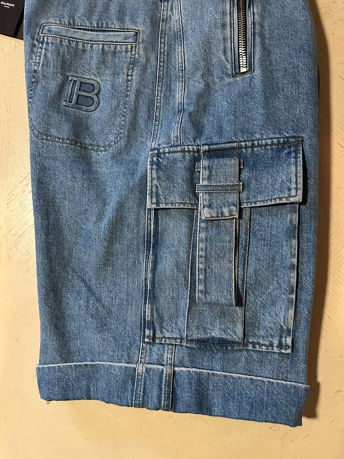 NWT $1395 Balmain Cargo Strapped Denim Shorts Pants Blue 32 US