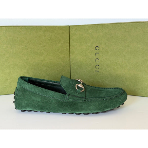 Gucci Mens Suede Horsebit Driver Loafers Shoes Green 7.5 US (7
