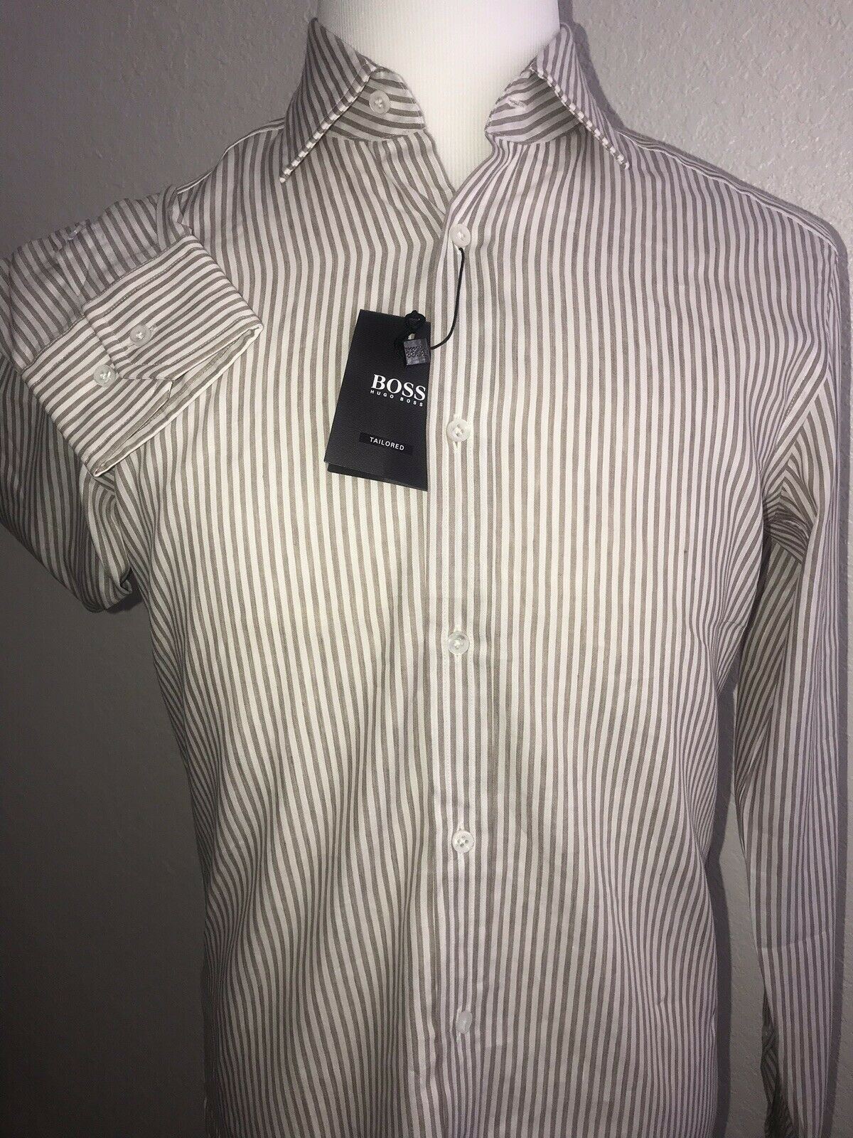 NWT $285 Hugo Boss Mens T-Shan Slim Fit Tailored Brown Dress Shirt Size 44/17.5