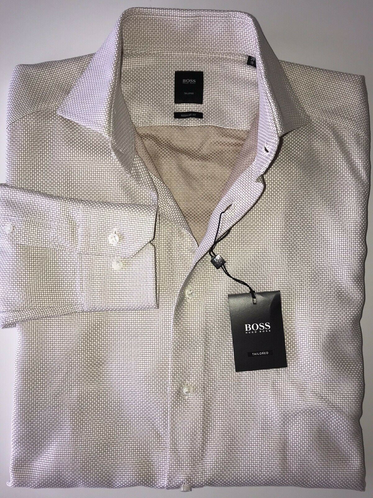NWT $255 Hugo Boss Mens Tailored Regular Fit Cotton Beige Dress Shirt Size 38/15