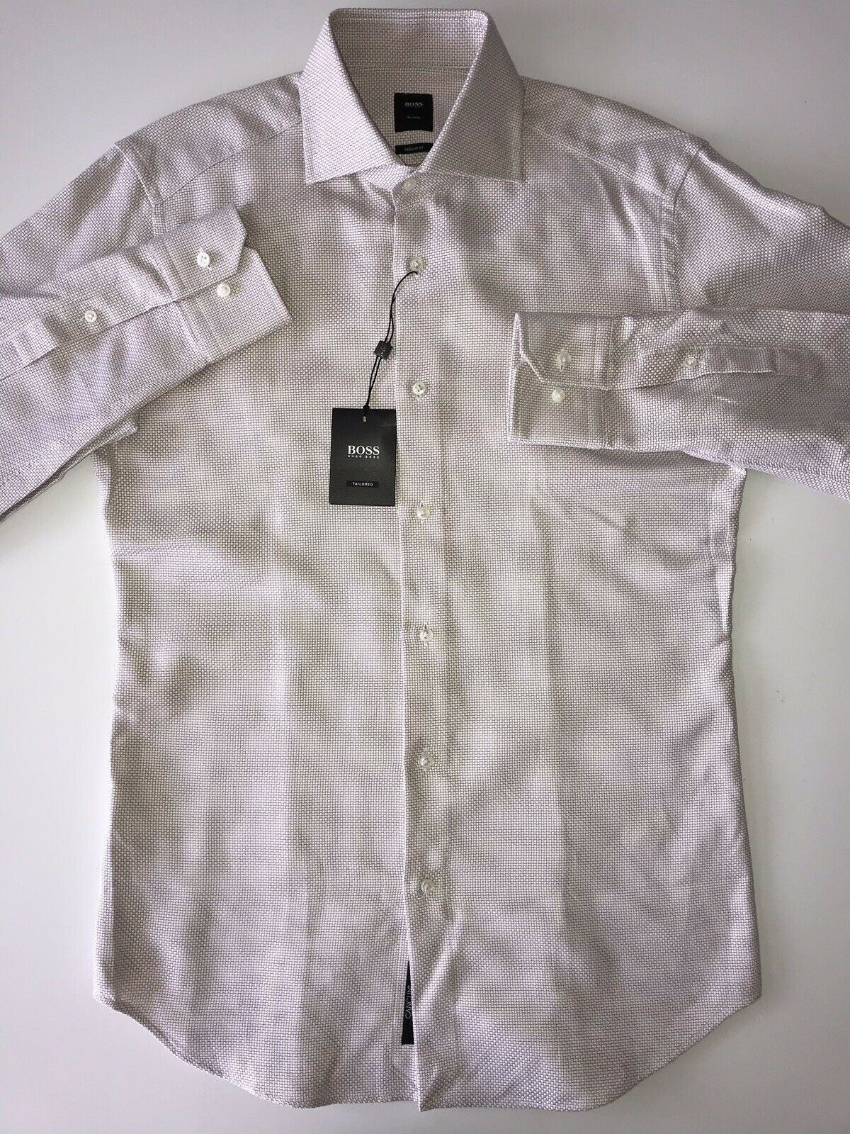 NWT $255 Hugo Boss Mens Tailored Regular Fit Cotton Beige Dress Shirt Size 38/15