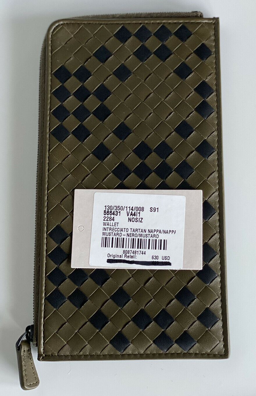 NWT $630 Bottega Veneta Intrecciato Leather Zipper Wallet Mustard/Black 566431