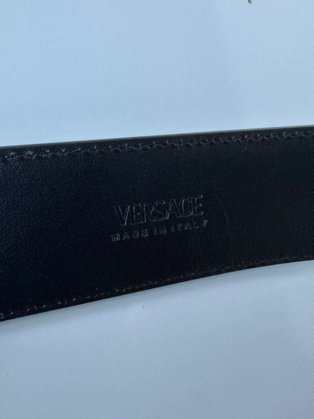 NIB $950 Versace Medusa Light Gold Buckle Black Leather Belt 85