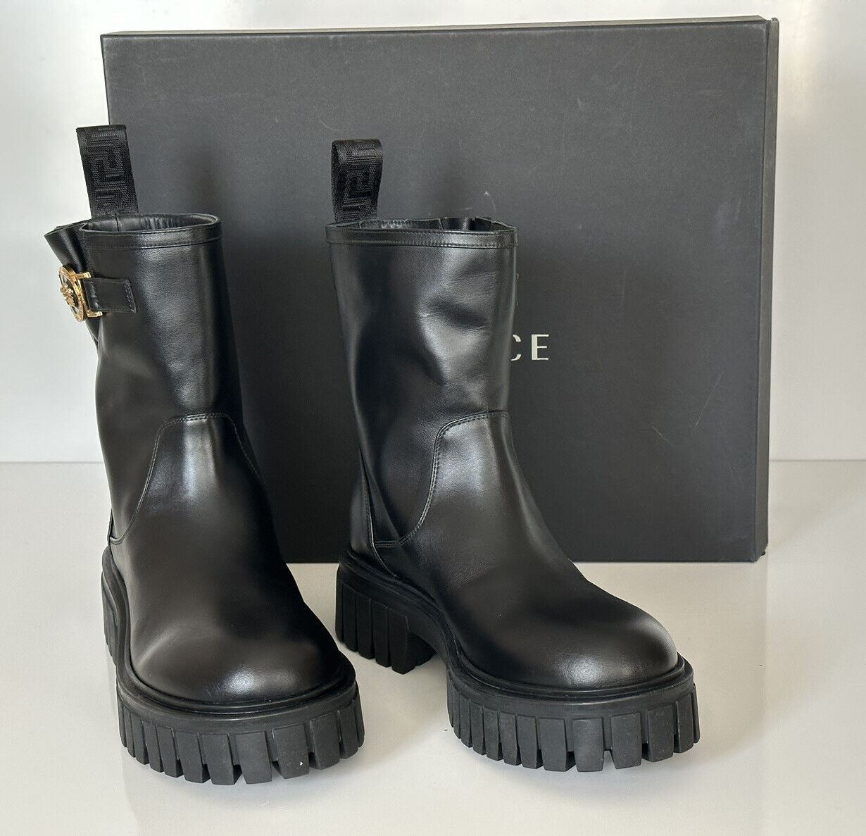 NIB $1300 Versace Leather Black Leather Ankle Boots 9 US (39 Euro) 1002863 Spain