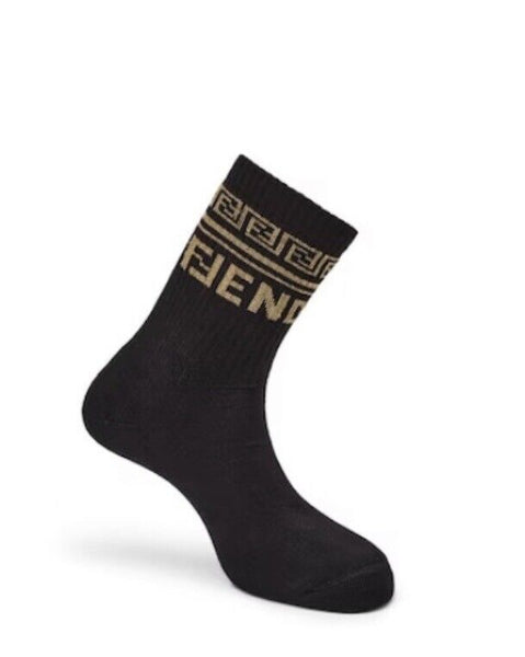 NWT $195 Fendi FF Knit Socks Black Medium Made in Italy FXZ443