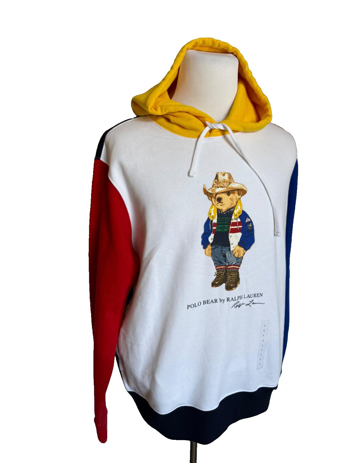 NWT $228 Polo Ralph Lauren Bear Sweatshirt with Hoodie White/Red/Blue/Yellow L