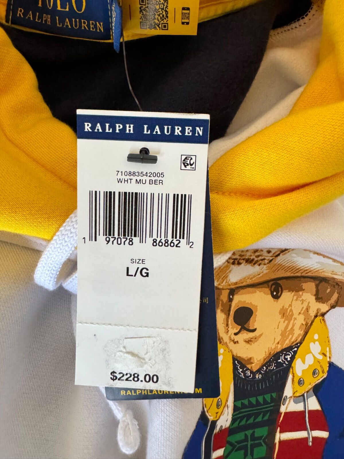 NWT $228 Polo Ralph Lauren Bear Sweatshirt with Hoodie White/Red/Blue/Yellow L