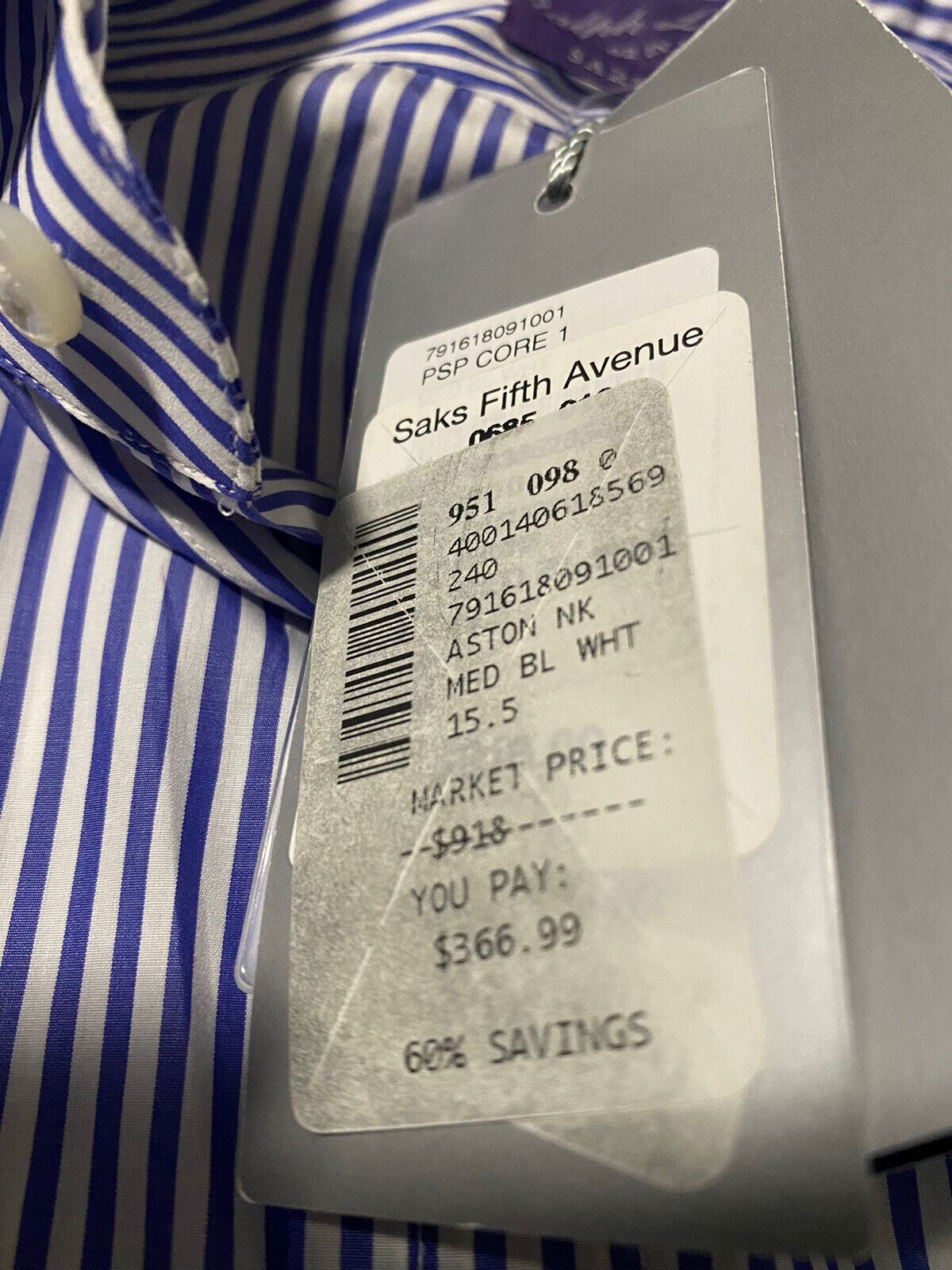 NWT $918 Ralph Lauren Purple Label Aston Striped SARTORIAL Dress Shirt 15.5 Ita.