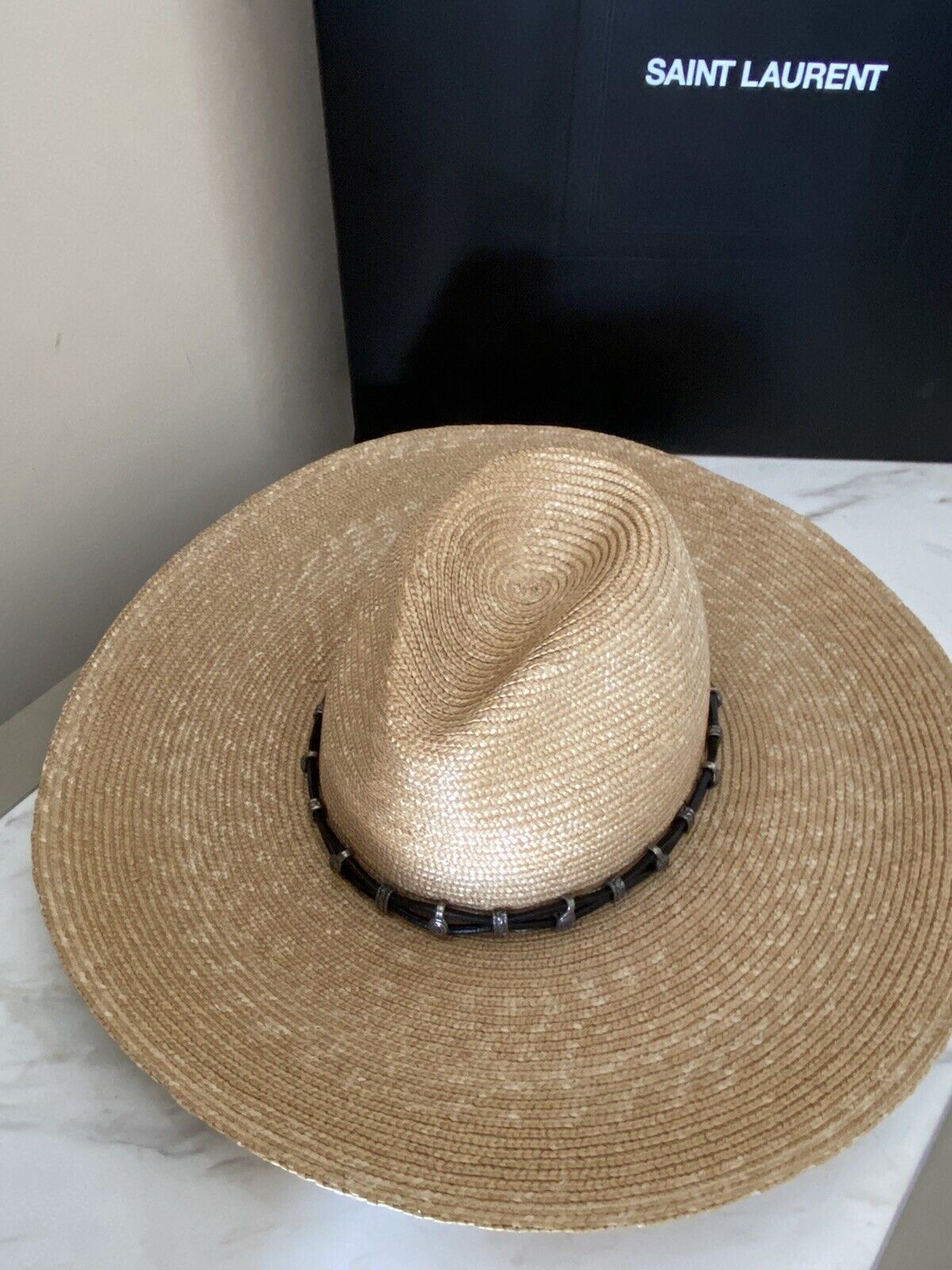 NWT $995 Saint Laurent Mens Straw Cowboy Hat With Leather  Beige L