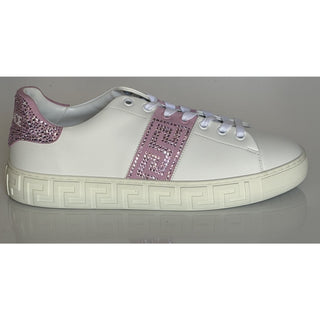 Versace Crystal Greek Women’s White/Pink Leather Sneakers 9 US 1013568 NIB