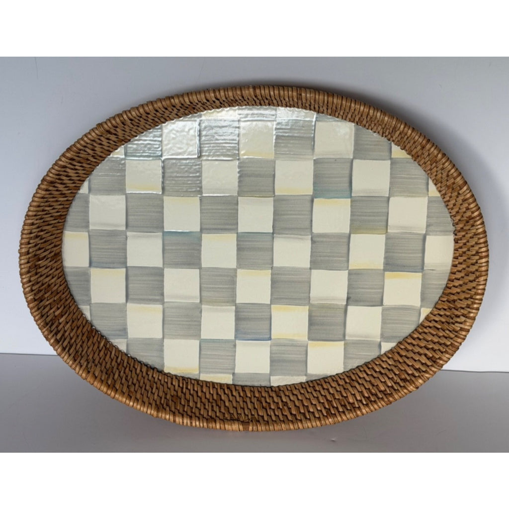 MacKenzie-Childs Sterling Check Rattan Enamel Large Oval Serving Tray 15x11
