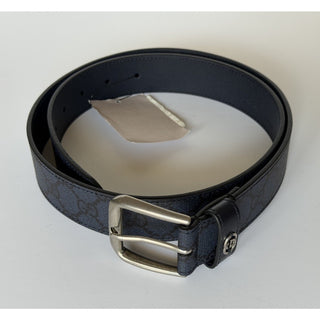 Gucci Interlocking GG Supreme Details Leather Belt Blue/Black 90/36 673921 NWT