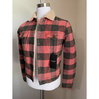New $3190 Saint Laurent Men Fitted Checked Denim Jacket Shearing Red/Black XS