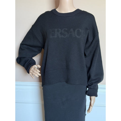 Versace Logo Wool Knit Sweater Black Women’s 8 US (IT 44) 1022085 NWT $1125