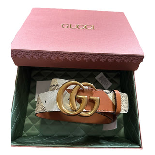 New $1980 Gucci Ostrich Leather/Python GG Marmont Belt Brown/Beige/White 90/36