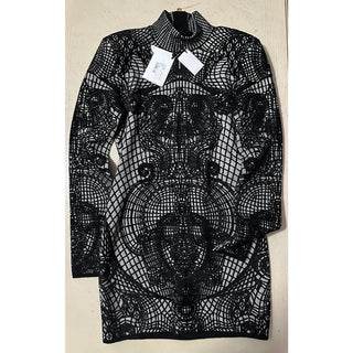 New $3050 Balmain Patterned-Knit Body-Con Minidress Black 44/12 Italy