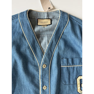 Gucci Varsity G Patch Denim Shirt Bright Blue Men 48 Euro (Oversized) 753105 NWT