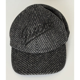 Gucci Herringbone Wool/Silk Baseball Hat Charcoal Logo Cap Size Large 817497 NWT
