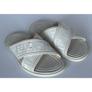 Fendi Men's FF Leather/Fabric Ivory Slide Sandals 8 US/7 UK IT 7X1548 NIB $730
