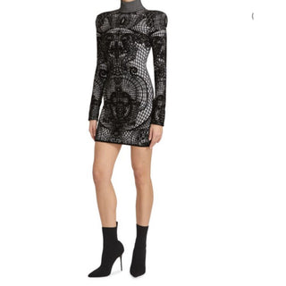 New $3050 Balmain Patterned-Knit Body-Con Minidress Black 44/12 Italy