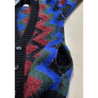 Saint Laurent Men cardigan in zig zag jacquard Black/Red/Multi S New $1550