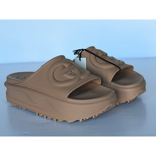 Gucci Interlocking G Platform Slide Sandals Beige Taupe 9 US (39) IT 692845 NIB