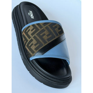 Fendi Men's FF Diagonal Leather/Fabric Slide Sandals 10 US/9 UK 7X1674 NWT $595