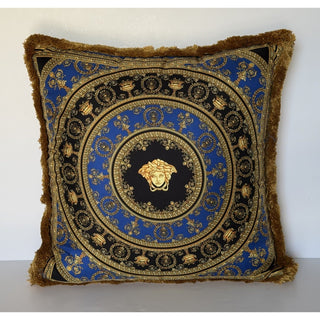 Versace Medusa Baroque 100% Silk Throw Pillow Blue/Gold Fringed IT ZCU505001 NWT
