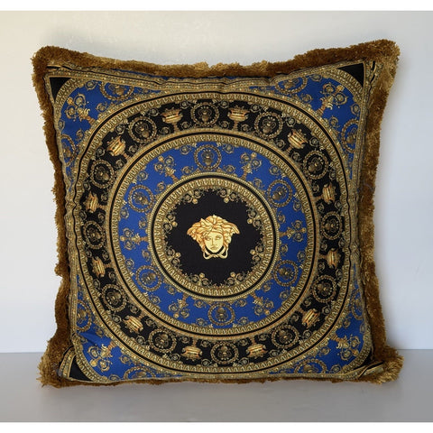 Versace Medusa Baroque 100% Silk Throw Pillow Blue/Gold Fringed IT ZCU505001 NWT