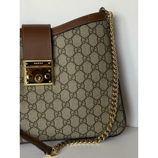 Gucci GG Supreme Padlock Leather/Canvas Brown Medium Shoulder Bag IT 795113 NWT