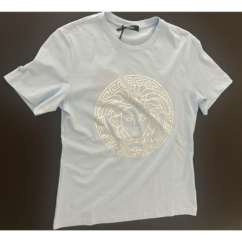 Versace Women's Silver Medusa Light Blue Jersey T-Shirt 4 (38 EU) AL 1016967 NWT