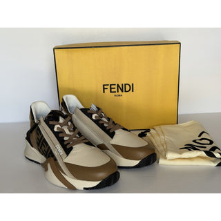 Fendi Flow FF Logo Sneakers Brown/Beige Men 12 US (11 Fendi) 7E1392 NIB $995