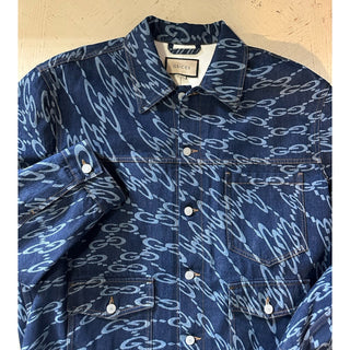 New $2900 Gucci Men Oversized GG Distorted Laser Jacket DK Blue/Mix 44 US/54 Eu