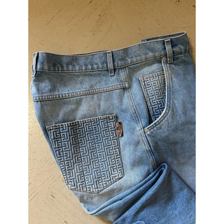 NWT $1350 Balmain Men Monogram Straight-Leg Jeans Pants Blue 32 US