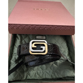New $2250 Gucci Men Gucci Caiman Crocodile belt GG Buckle Black 85/34 715604