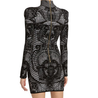 New $3050 Balmain Patterned-Knit Body-Con Minidress Black 44/12 Italy