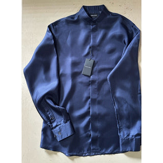 New $1495 Giorgio Armani Men Silk Navy Blue Shirt with Light Blue Strip 43/17
