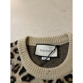 NWT $1960 Gucci Men Wool Jacquard Knit Crewneck Sweater Camel/Black XS Italy