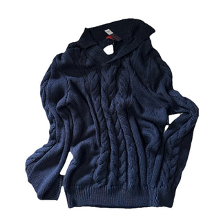 $1795 Isaia Men Silk & Cotton-Blend Cable-Knit Polo Sweater Navy XXL