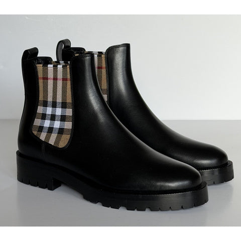 Burberry Check Panel Leather Chelsea Black Boots 8 US (38 Euro) 8042363 NIB $970