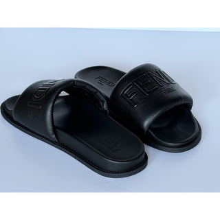 Fendi Men's Roma Leather Slide Sandals Black 8 US/7 UK IT 7X1649 NIB $750
