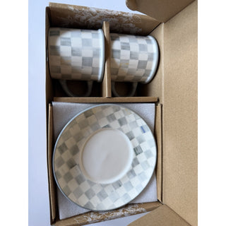 MacKenzie-Childs Sterling Check Espresso Cup & Saucer, Set Of 2 NIB