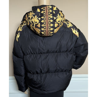 Versace Women's Leafy Print Padded Jacket with Hoodie Black 48 1012541 NWT $2250