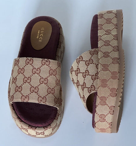 NIB Gucci Women's GG Slide Sandals Beige Ruggine 7.5 US (37.5 Euro) 573018 Italy