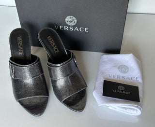 NIB $990 Versace Virtus Leather Black Sandals Shoes 10 US (40 Eu) Spain 1011901